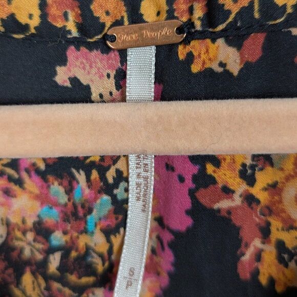 Free People | Black Multicolor Floral Long Sleeve Tie Front Blouse Size Small - Picture 7 of 10